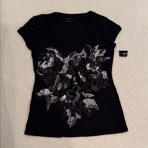 Express Black and Silver Sequin Floral Tee Y2K Made